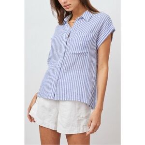 Rails Whitney Blue White Stripe Daisy Short Sleeve Collared Linen Rayon Shirt XS